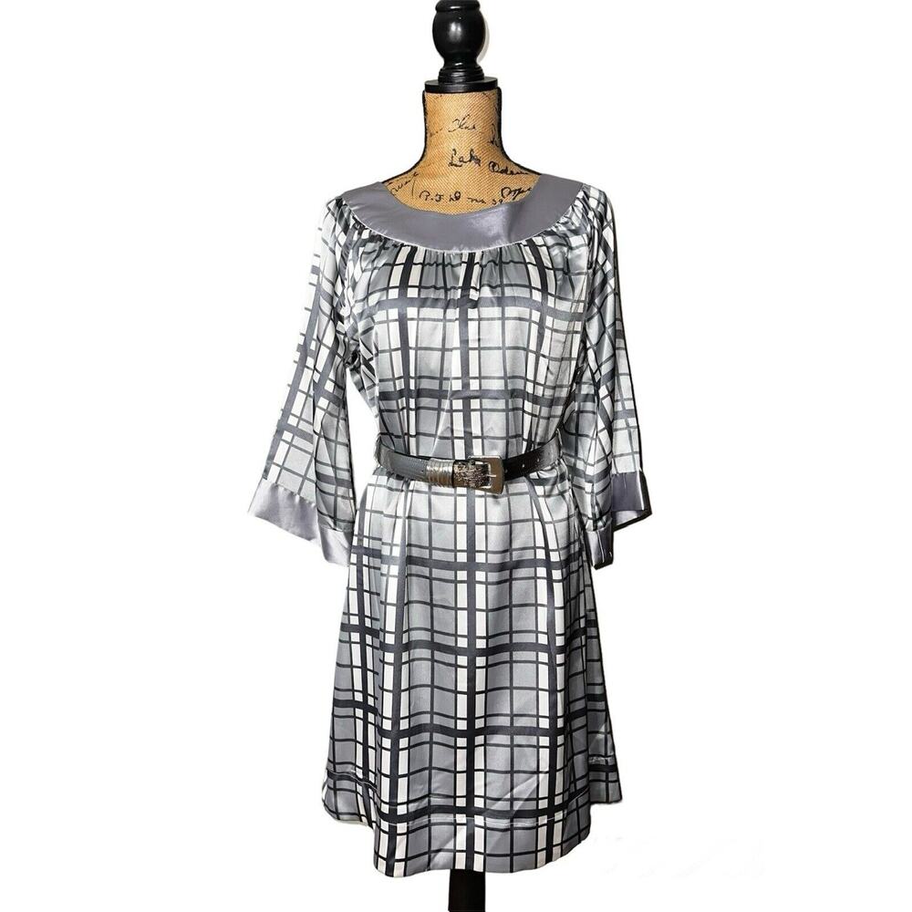 BCBG MAXAZRIA SILVER GRAY WHITE CHECK STRETCH BELTED SHIFT DRESS SZ M NWT $180